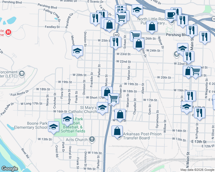 map of restaurants, bars, coffee shops, grocery stores, and more near 1819 Moss Street in North Little Rock