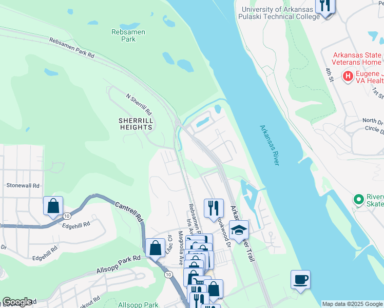 map of restaurants, bars, coffee shops, grocery stores, and more near 2501 Riverfront Drive in Little Rock