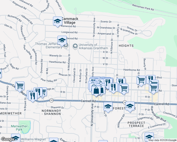 map of restaurants, bars, coffee shops, grocery stores, and more near 2223 North Garfield Street in Little Rock