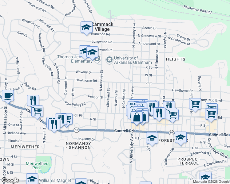 map of restaurants, bars, coffee shops, grocery stores, and more near 2220 North Arthur Street in Little Rock