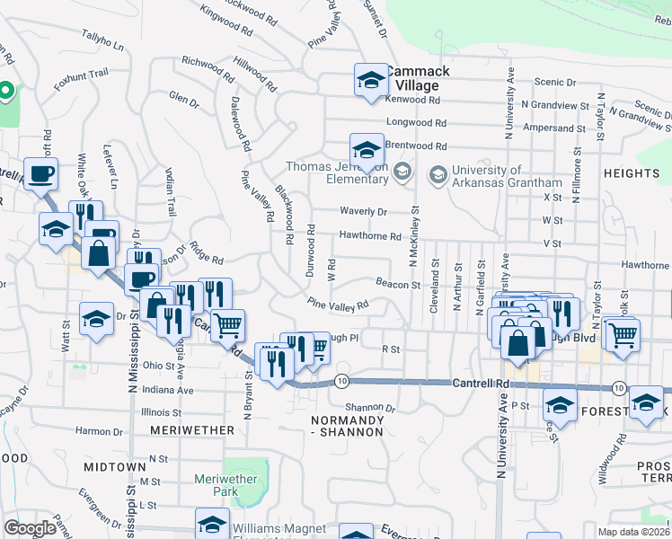 map of restaurants, bars, coffee shops, grocery stores, and more near 2212 West Road in Little Rock