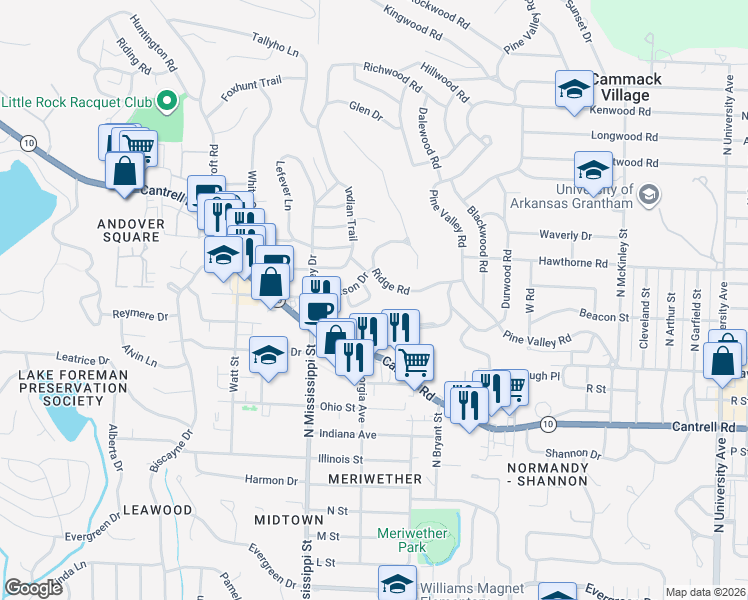 map of restaurants, bars, coffee shops, grocery stores, and more near 137 Ridge Road in Little Rock
