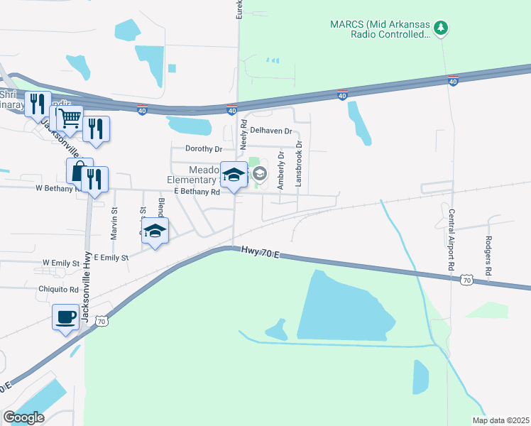 map of restaurants, bars, coffee shops, grocery stores, and more near 2106 Village Drive in North Little Rock