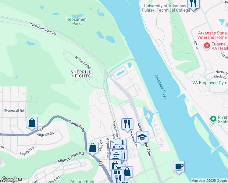 map of restaurants, bars, coffee shops, grocery stores, and more near 2501 Riverfront Drive in Little Rock