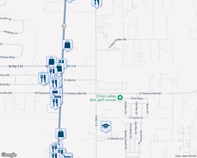map of restaurants, bars, coffee shops, grocery stores, and more near 1889 North Road 1 East in Chino Valley