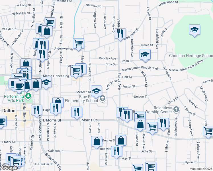 map of restaurants, bars, coffee shops, grocery stores, and more near 207 North Bogle Street in Dalton