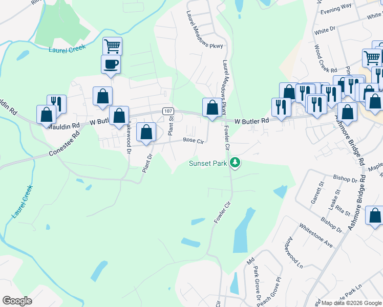 map of restaurants, bars, coffee shops, grocery stores, and more near 3184 Rose Circle in Greenville