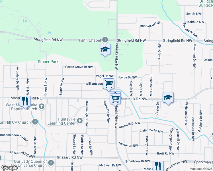 map of restaurants, bars, coffee shops, grocery stores, and more near 3609 Williamsburg Drive Northwest in Huntsville