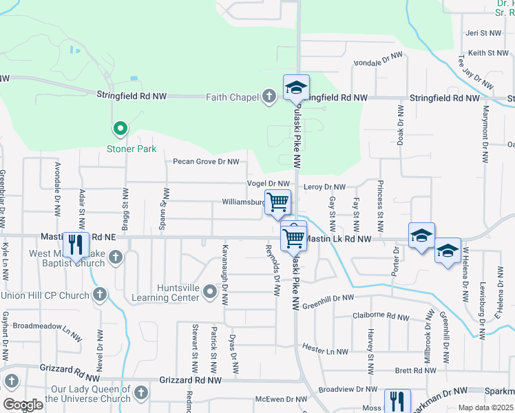 map of restaurants, bars, coffee shops, grocery stores, and more near 3701 Williamsburg Drive Northwest in Huntsville