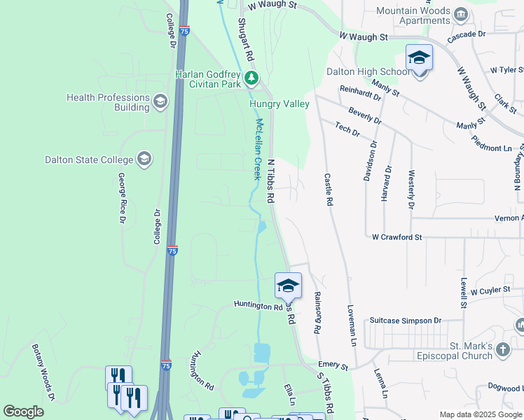 map of restaurants, bars, coffee shops, grocery stores, and more near 115 North Tibbs Road in Dalton