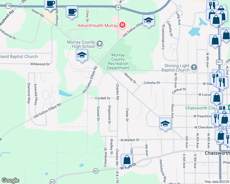 map of restaurants, bars, coffee shops, grocery stores, and more near 305 Charles Road in Chatsworth