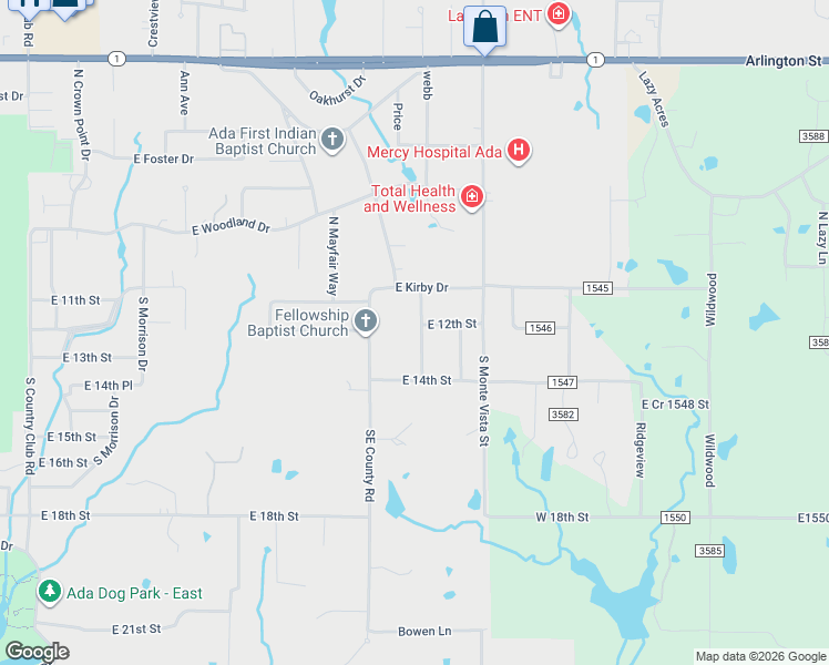 map of restaurants, bars, coffee shops, grocery stores, and more near 201 South Hillcrest Street in Ada