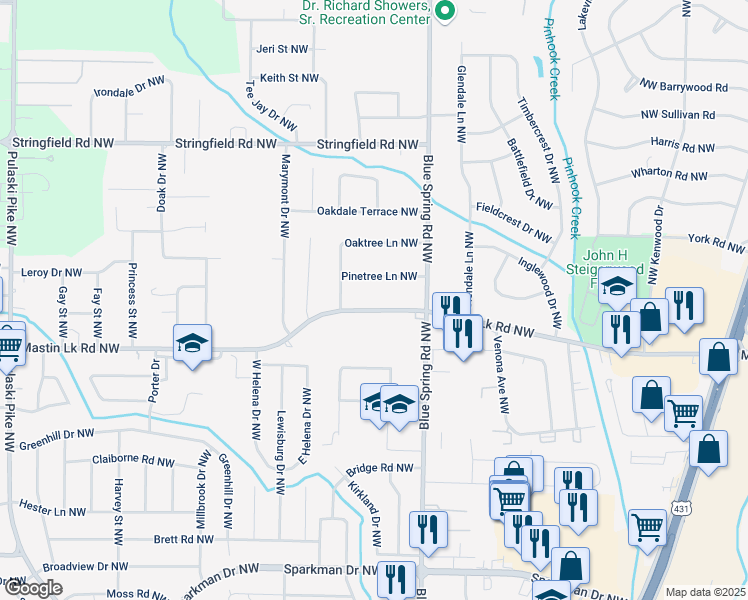 map of restaurants, bars, coffee shops, grocery stores, and more near 2714 Mastin Lake Road Northwest in Huntsville