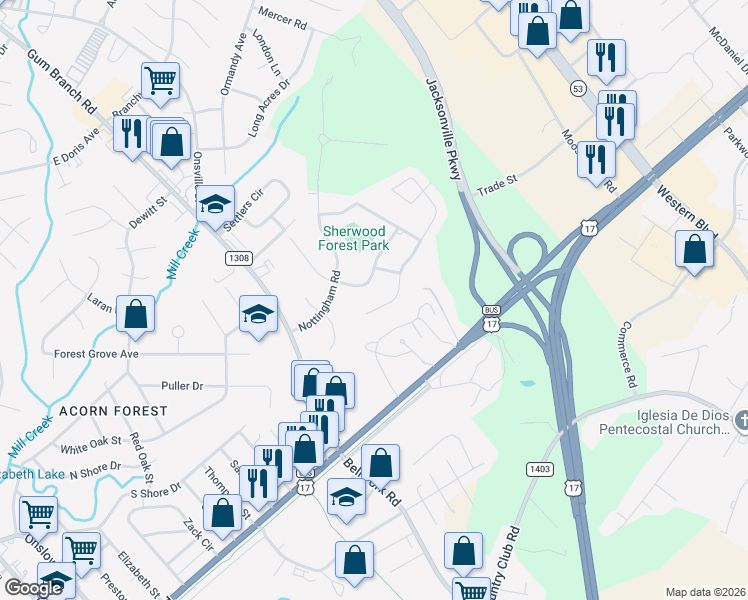map of restaurants, bars, coffee shops, grocery stores, and more near 109 King Richard Court in Jacksonville