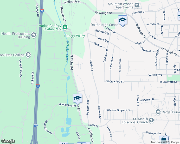 map of restaurants, bars, coffee shops, grocery stores, and more near 374 Castle Road in Dalton