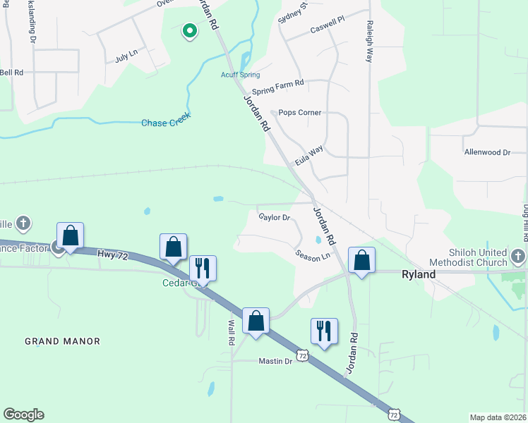 map of restaurants, bars, coffee shops, grocery stores, and more near 120 Gaylor Dr in Huntsville