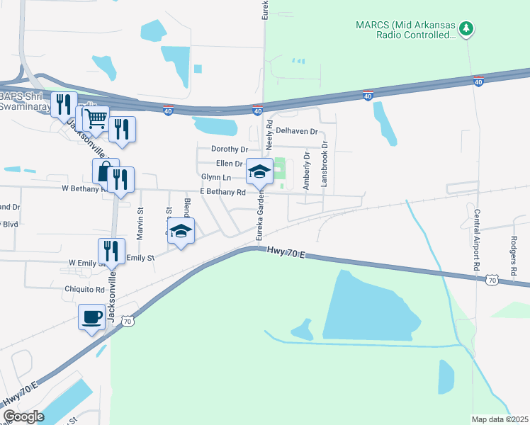map of restaurants, bars, coffee shops, grocery stores, and more near 208 Eureka Garden Road in North Little Rock