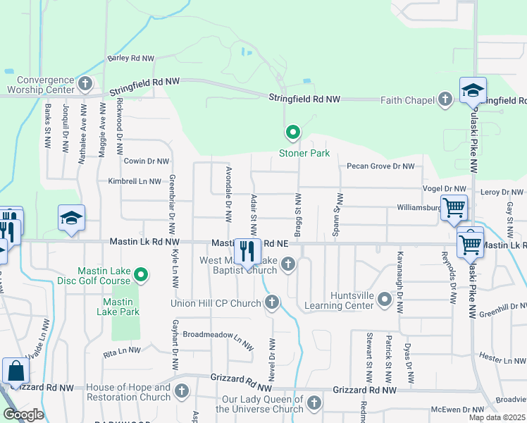map of restaurants, bars, coffee shops, grocery stores, and more near 4714 Cavett Drive Northwest in Huntsville