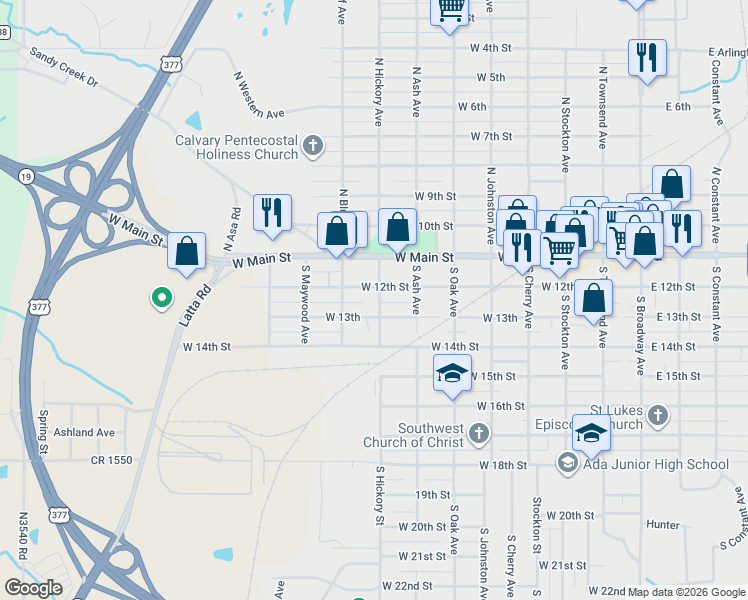map of restaurants, bars, coffee shops, grocery stores, and more near 219 South Hickory Street in Ada