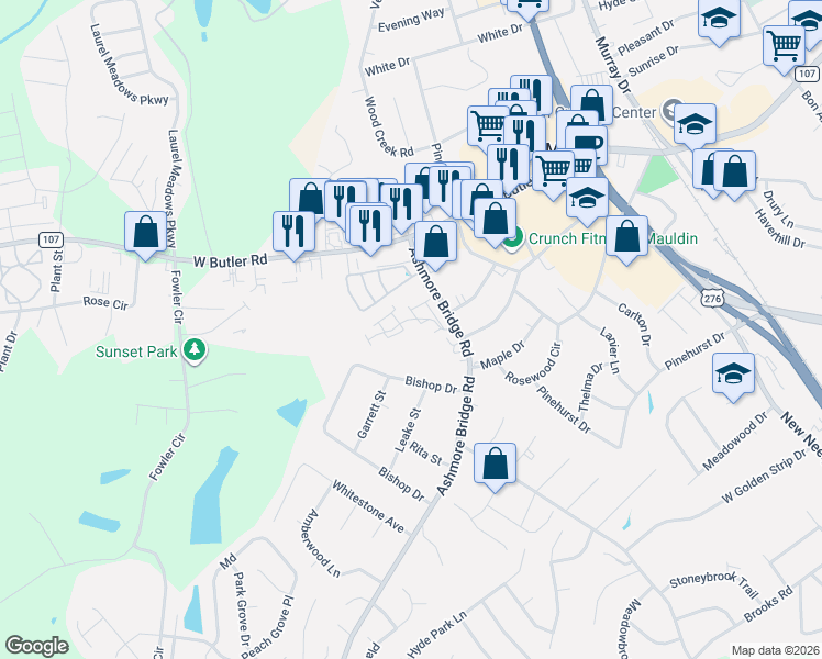 map of restaurants, bars, coffee shops, grocery stores, and more near 409 Twist Circle in Mauldin