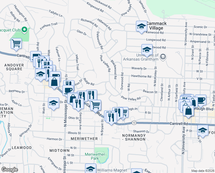 map of restaurants, bars, coffee shops, grocery stores, and more near 121 Kings Row Drive in Little Rock