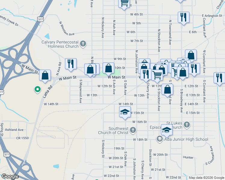 map of restaurants, bars, coffee shops, grocery stores, and more near 211 South Ash Street in Ada