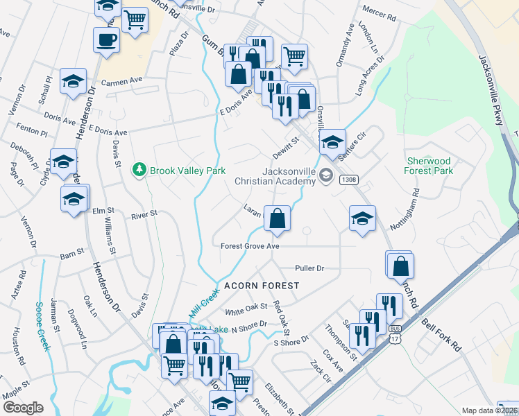 map of restaurants, bars, coffee shops, grocery stores, and more near 10 Laran Road in Jacksonville