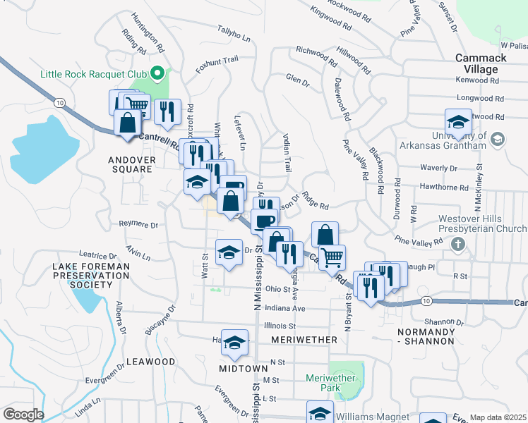 map of restaurants, bars, coffee shops, grocery stores, and more near 129 Dickson Drive in Little Rock