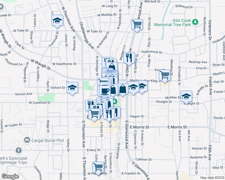map of restaurants, bars, coffee shops, grocery stores, and more near 222 North Hamilton Street in Dalton