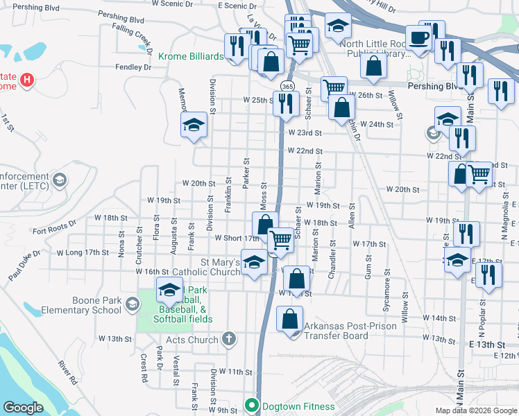 map of restaurants, bars, coffee shops, grocery stores, and more near 1819 Moss Street in North Little Rock