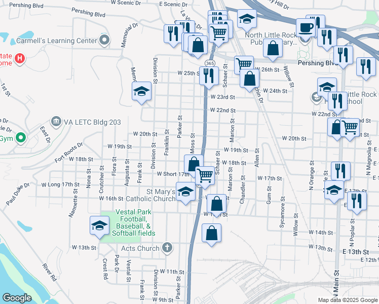map of restaurants, bars, coffee shops, grocery stores, and more near 1819 Moss Street in North Little Rock