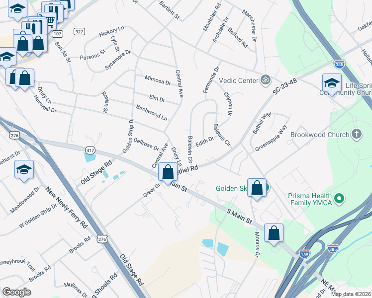 map of restaurants, bars, coffee shops, grocery stores, and more near 103 Baldwin Circle in Mauldin
