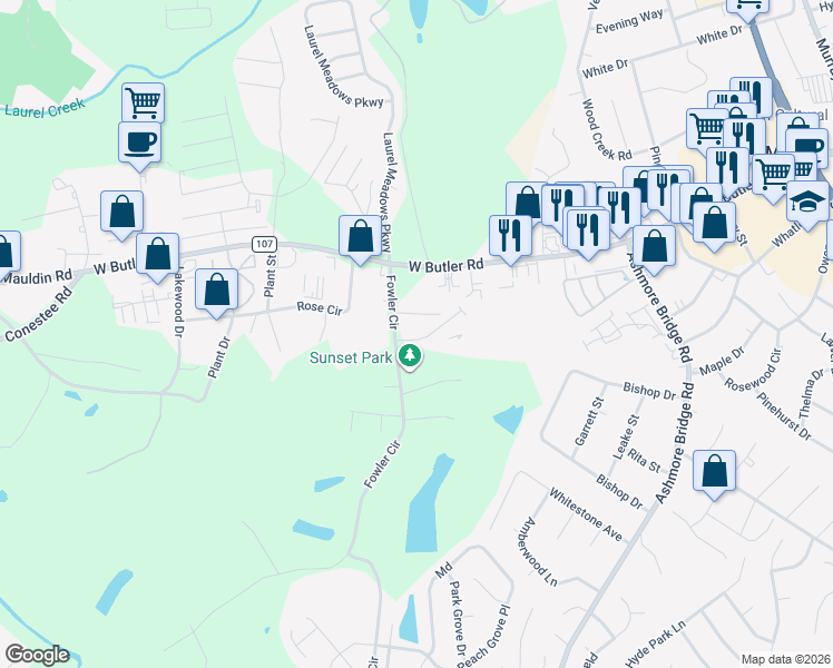 map of restaurants, bars, coffee shops, grocery stores, and more near 131 Trailside Lane in Greenville