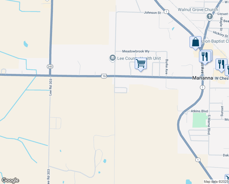 map of restaurants, bars, coffee shops, grocery stores, and more near 31 Lee Road 404 in Marianna