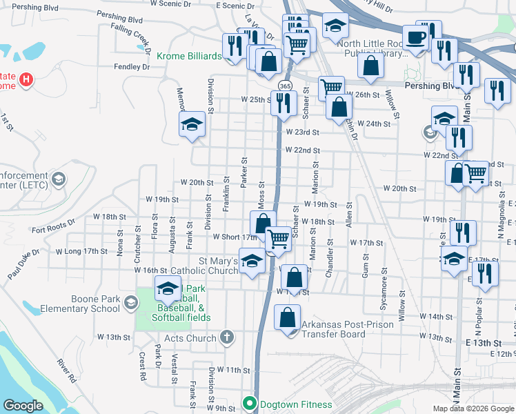 map of restaurants, bars, coffee shops, grocery stores, and more near 1819 Moss Street in North Little Rock