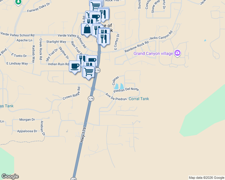map of restaurants, bars, coffee shops, grocery stores, and more near 70 Piedras Del Norte in Sedona