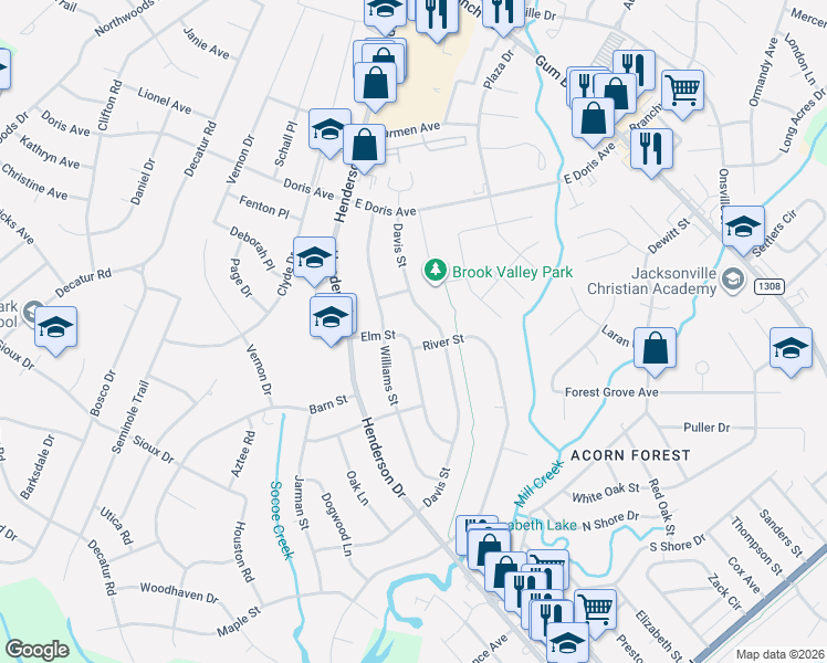 map of restaurants, bars, coffee shops, grocery stores, and more near 702 Elm Street in Jacksonville