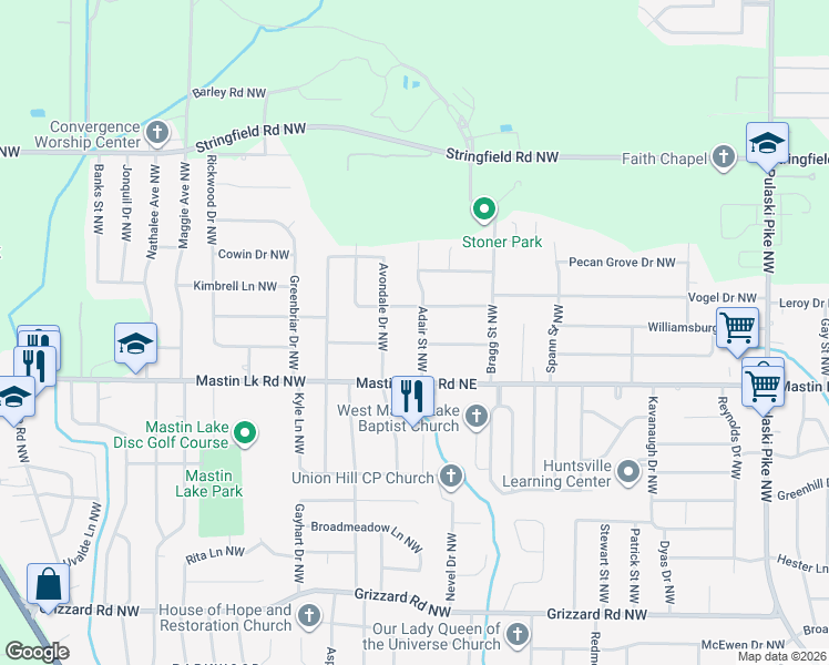 map of restaurants, bars, coffee shops, grocery stores, and more near 3602 Adair Street Northwest in Huntsville