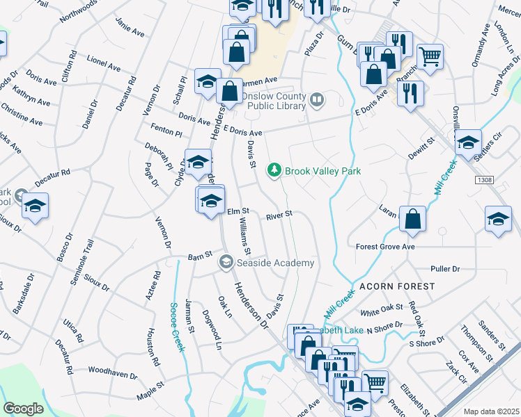 map of restaurants, bars, coffee shops, grocery stores, and more near 702 Elm Street in Jacksonville