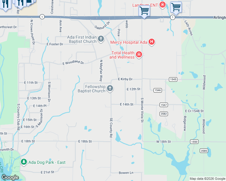 map of restaurants, bars, coffee shops, grocery stores, and more near 220 Southeast County Road in Ada