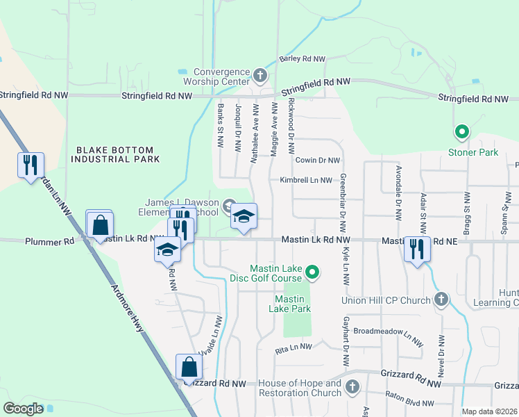 map of restaurants, bars, coffee shops, grocery stores, and more near 3512 Nathalee Avenue Northwest in Huntsville