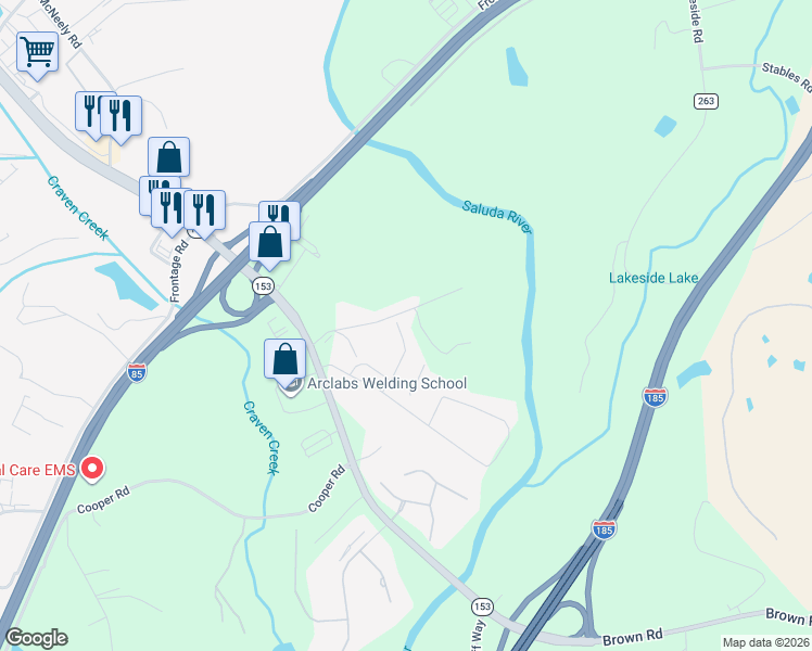 map of restaurants, bars, coffee shops, grocery stores, and more near 138 Rushing Creek Lane in Piedmont