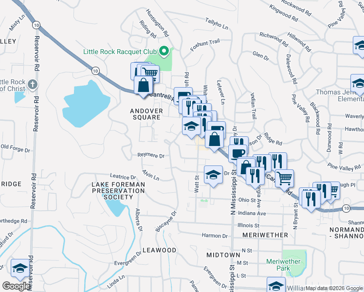 map of restaurants, bars, coffee shops, grocery stores, and more near 5 Delray Drive in Little Rock
