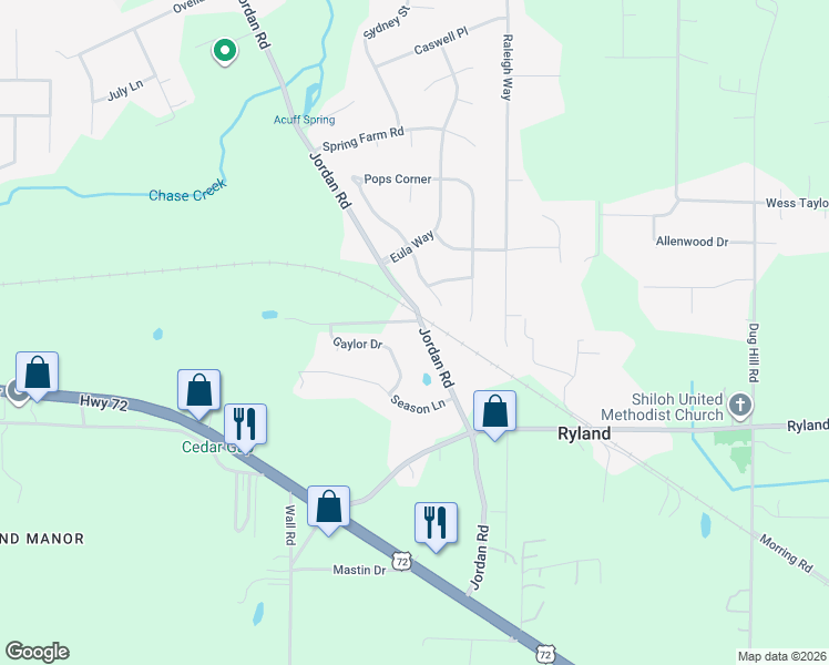 map of restaurants, bars, coffee shops, grocery stores, and more near 2349 Jordan Road in Huntsville
