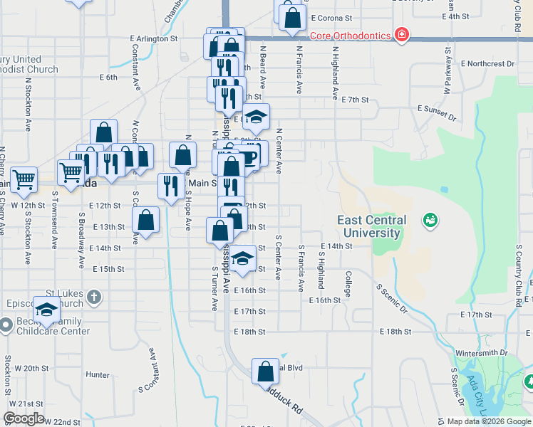 map of restaurants, bars, coffee shops, grocery stores, and more near 817 East 12th Street in Ada