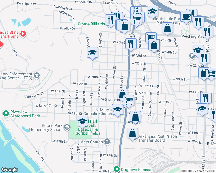 map of restaurants, bars, coffee shops, grocery stores, and more near 1816 Franklin Street in North Little Rock