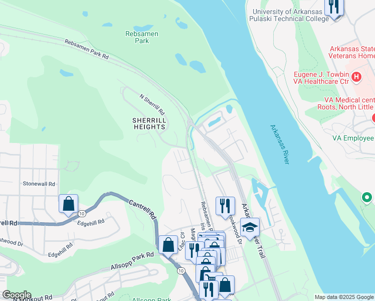 map of restaurants, bars, coffee shops, grocery stores, and more near 2300 Rebsamen Park Road in Little Rock