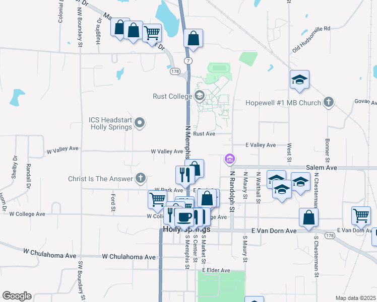 map of restaurants, bars, coffee shops, grocery stores, and more near North Memphis Street in Holly Springs
