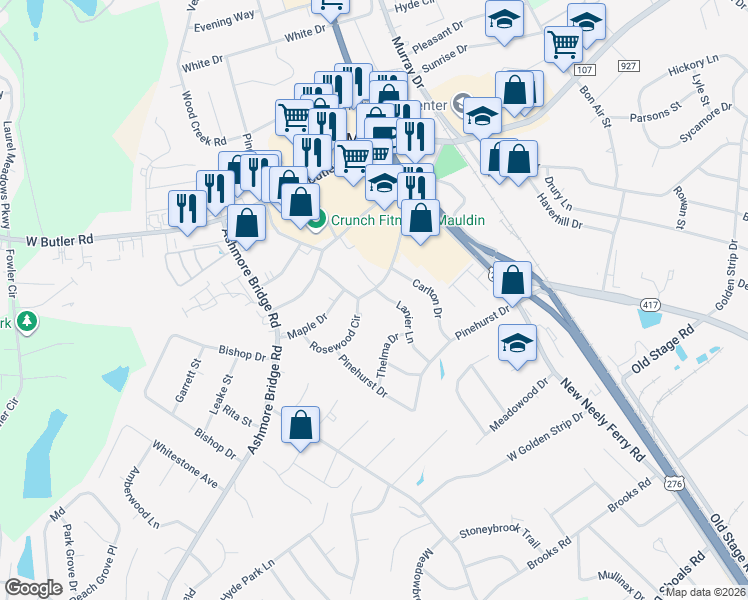 map of restaurants, bars, coffee shops, grocery stores, and more near 102 Lanier Lane in Mauldin