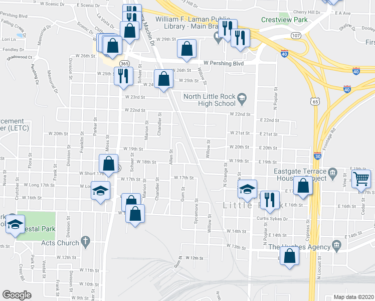 map of restaurants, bars, coffee shops, grocery stores, and more near 223 College Park Circle in North Little Rock